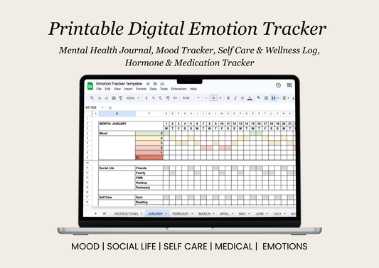 Printable Digital Emotion Tracker Spreadsheet | Mental Health Journal, Mood Tracker, Self Care & Wellness Log, Hormone & Medication Tracker