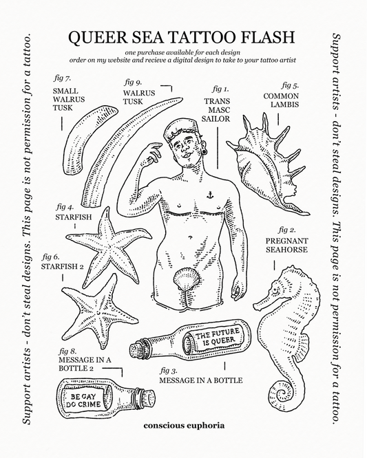 Queer Sea Themed Tattoo Flash Sheet | Monochrome Line Art