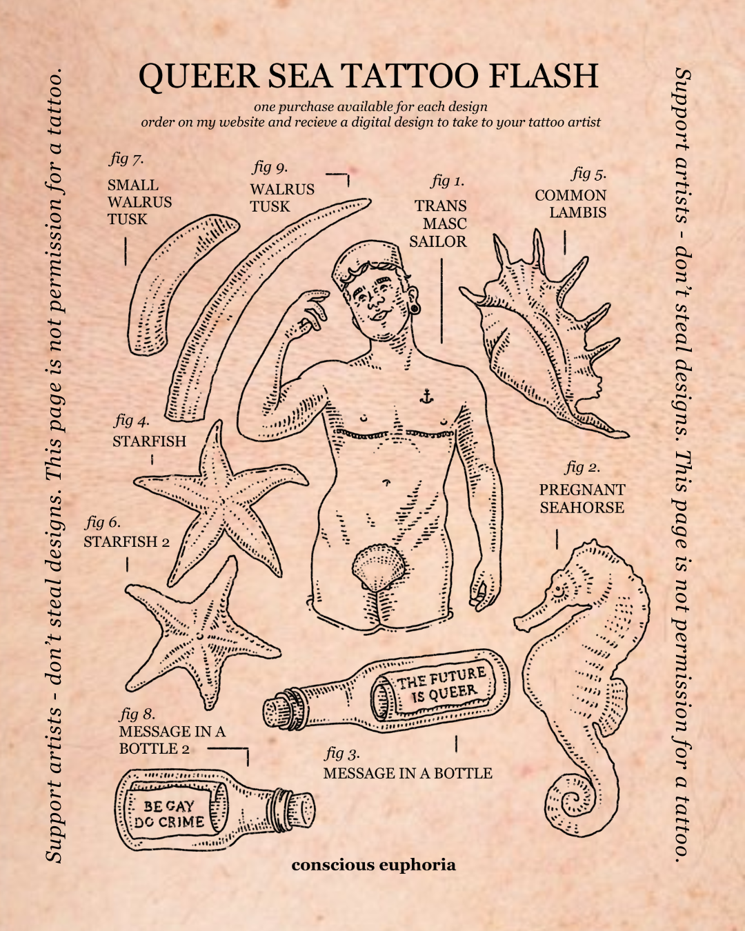 Queer Sea Themed Tattoo Flash Sheet | Monochrome Line Art