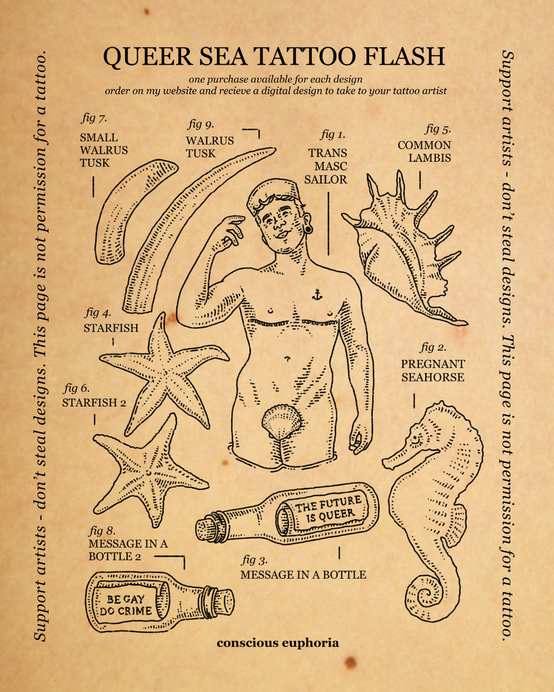 Queer Sea Themed Tattoo Flash Sheet | Monochrome Line Art