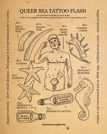 Queer Sea Themed Tattoo Flash Sheet | Monochrome Line Art